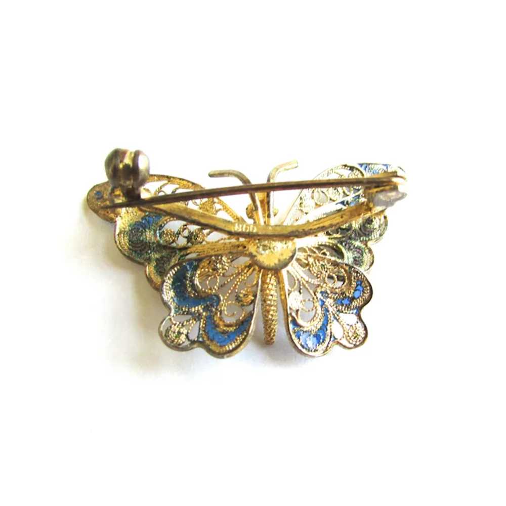 800 Silver Enamel Butterfly Brooch Pin Filigree - image 5