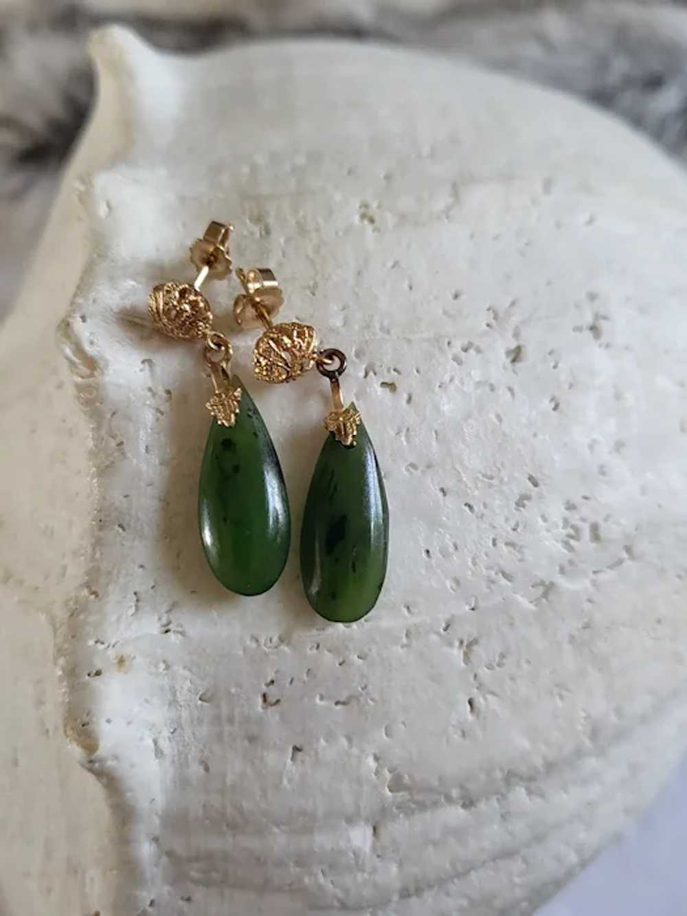 Jade  Nephrite Filigree Gold Drop Earrings - image 10