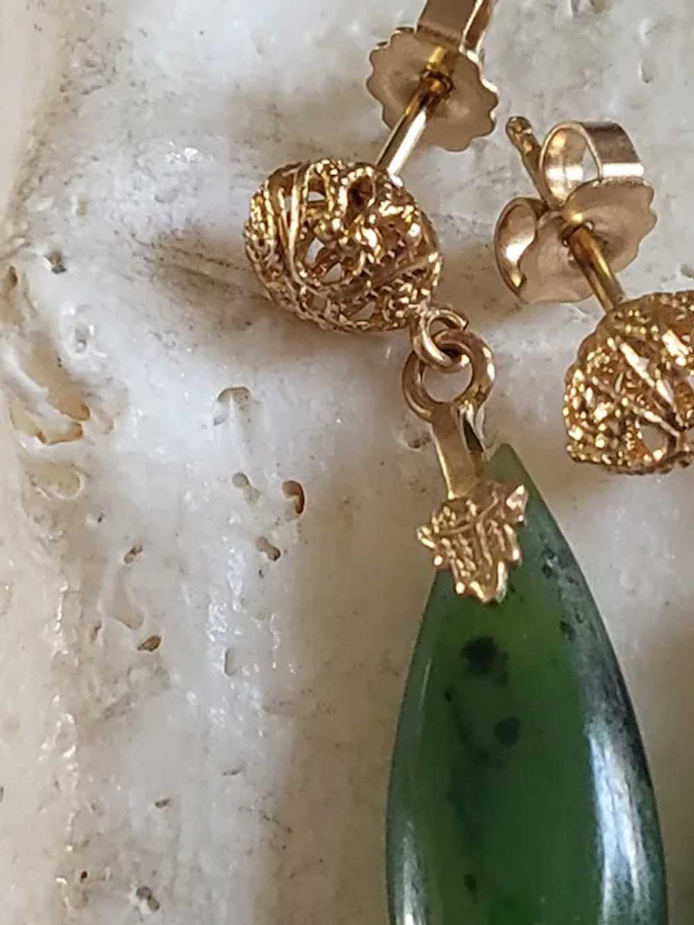 Jade  Nephrite Filigree Gold Drop Earrings - image 12