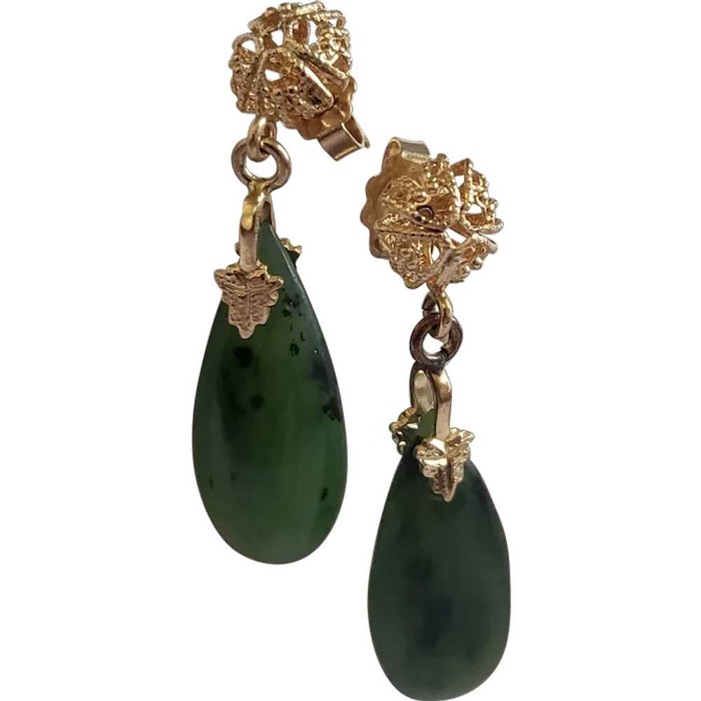 Jade  Nephrite Filigree Gold Drop Earrings - image 1