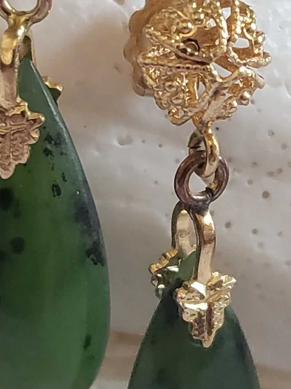 Jade  Nephrite Filigree Gold Drop Earrings - image 2