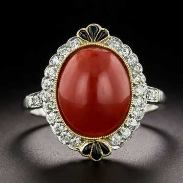 Art Deco Style Coral, Onyx, and Diamond Ring - image 1