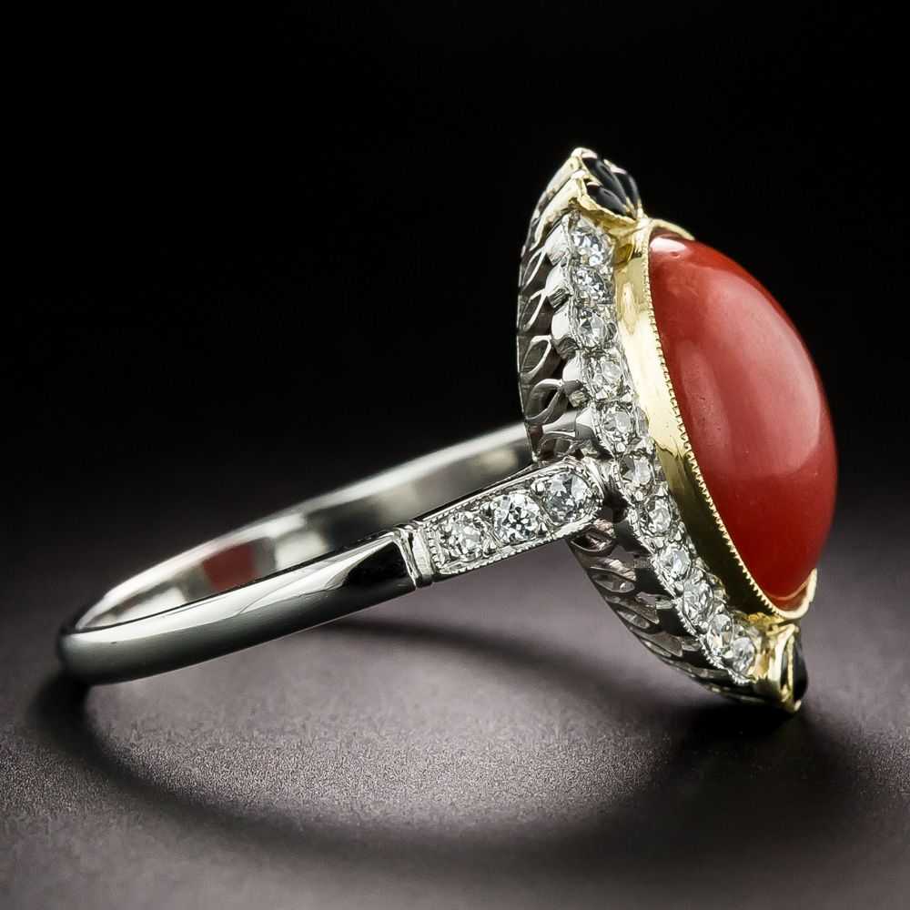 Art Deco Style Coral, Onyx, and Diamond Ring - image 2