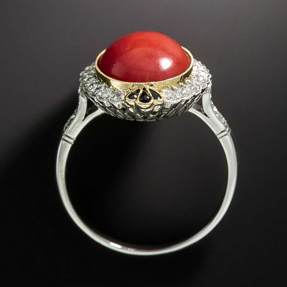 Art Deco Style Coral, Onyx, and Diamond Ring - image 3