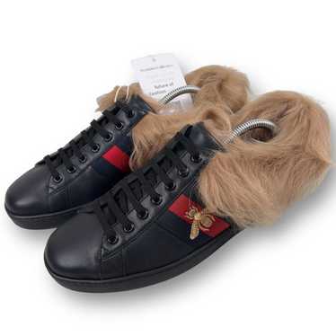 Gucci Black Leather Vintage Web Wool Fur New Ace Sneakers Men's Size 11-11.5