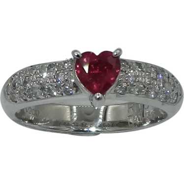 Romantic Platinum Heart Shaped Ruby & Diamond Ring - image 1