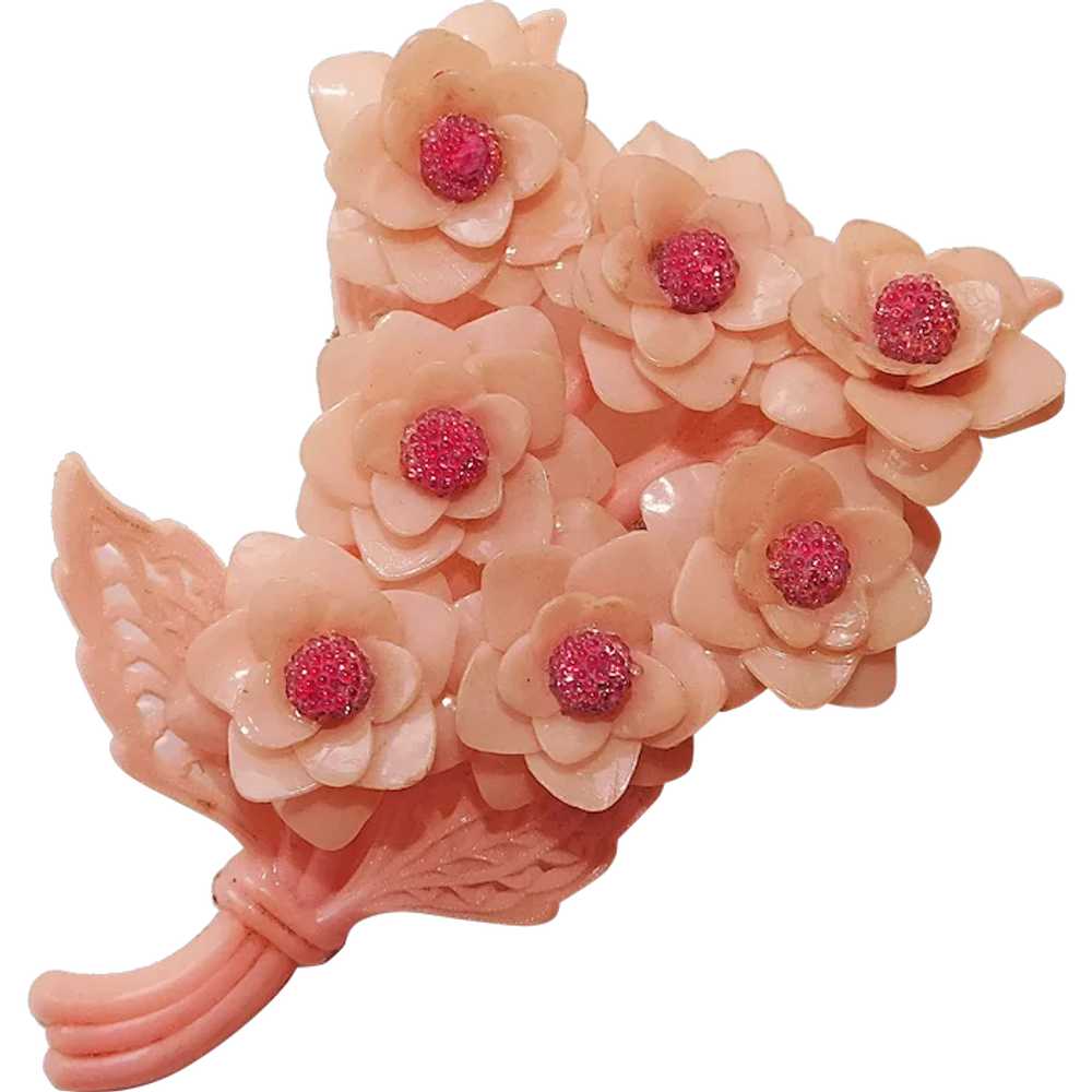 Gorgeous Celluloid FLOWER BOUQUET Large Pink Broo… - image 1