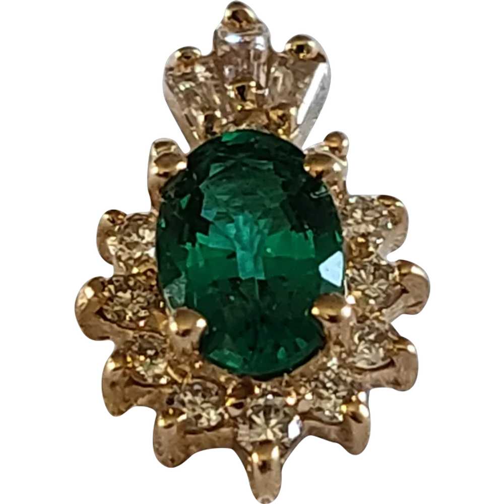 14K Gold Emerald and Diamonds Pendant, Small with… - image 1