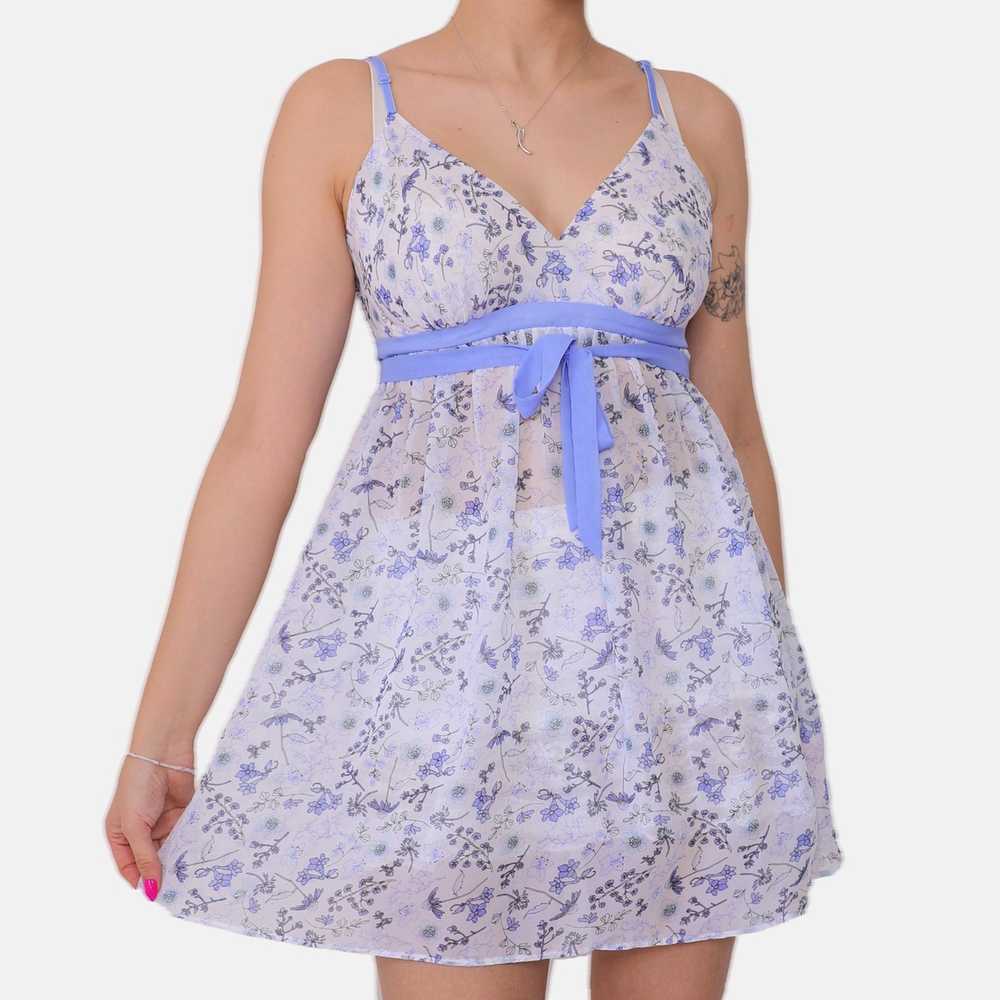 Vintage WHITE & BLUE FLORAL MESH SHEER BABYDOLL - image 1