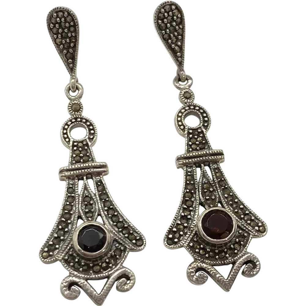 Long Ornate Dangle Earrings Sterling Silver Garne… - image 1