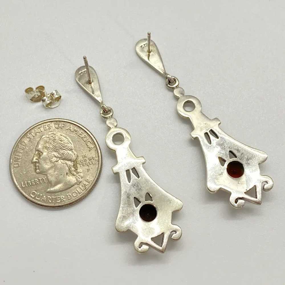 Long Ornate Dangle Earrings Sterling Silver Garne… - image 2