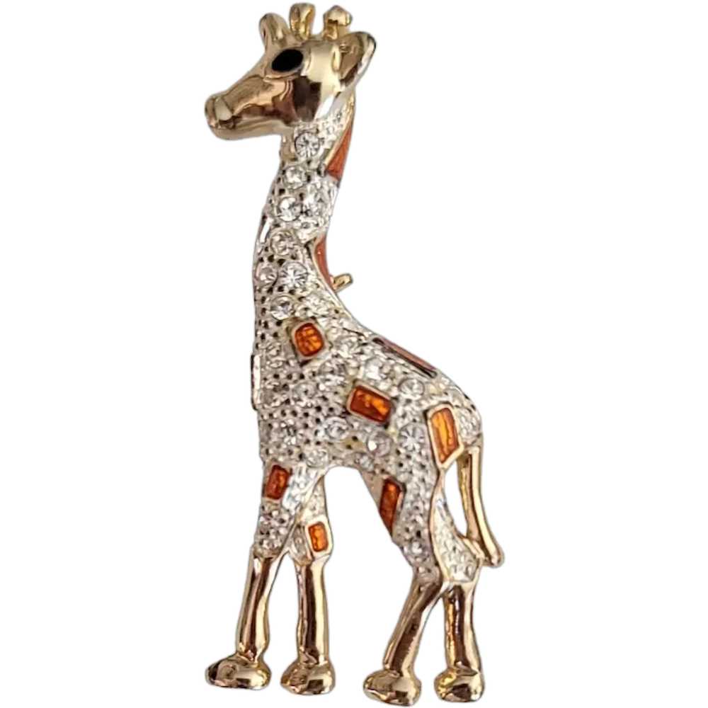 Roman Orange Enamel Clear Rhinestone Giraffe Broo… - image 1