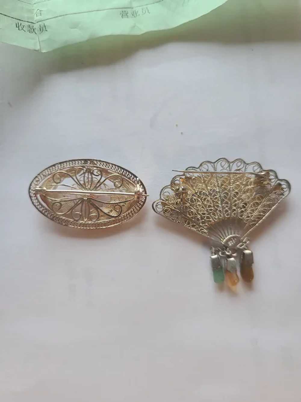 Vintage Chinese China ENAMEL Fan Oval pins  925 S… - image 3