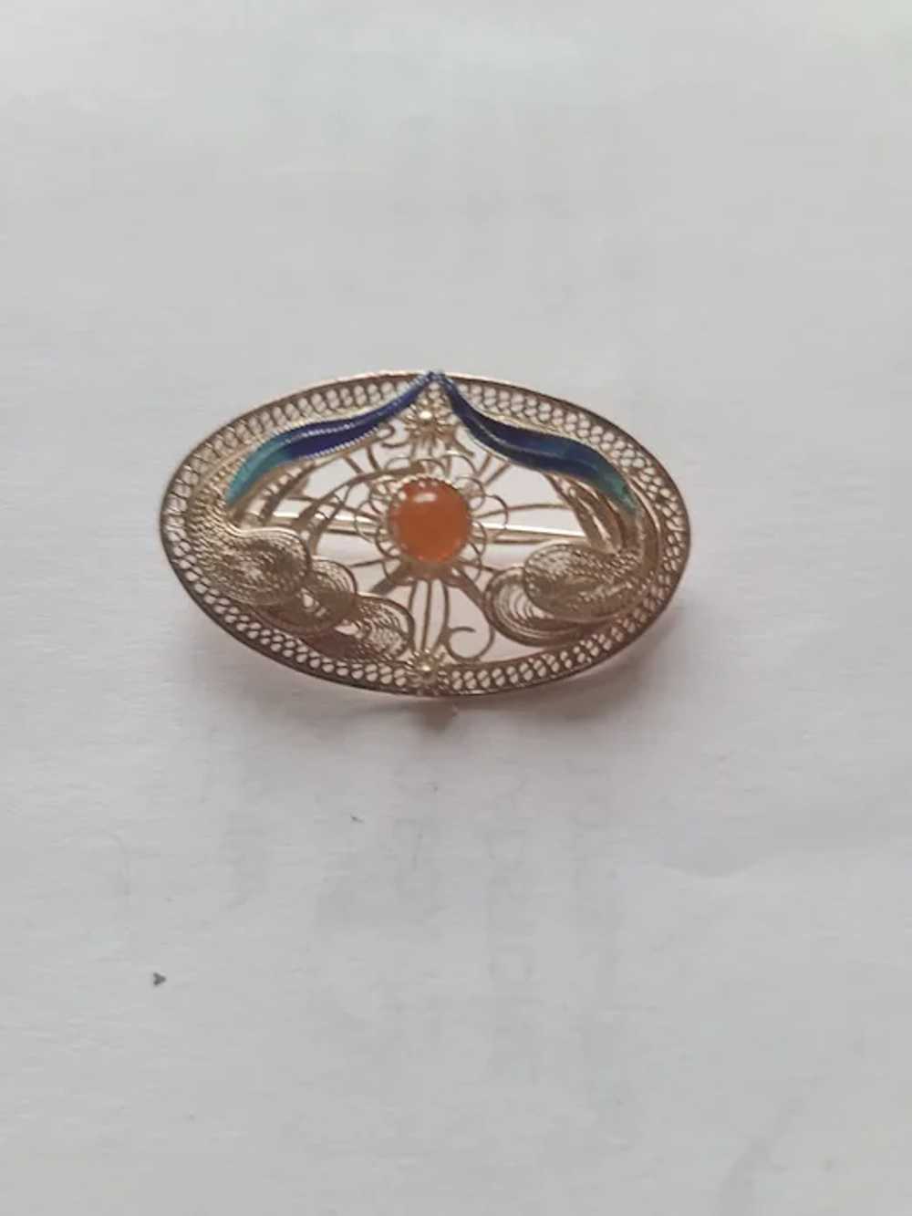 Vintage Chinese China ENAMEL Fan Oval pins  925 S… - image 4