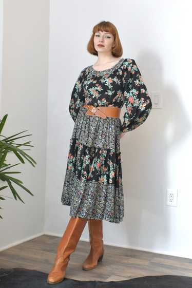 1970s Dark Floral Rayon Dress-S/M