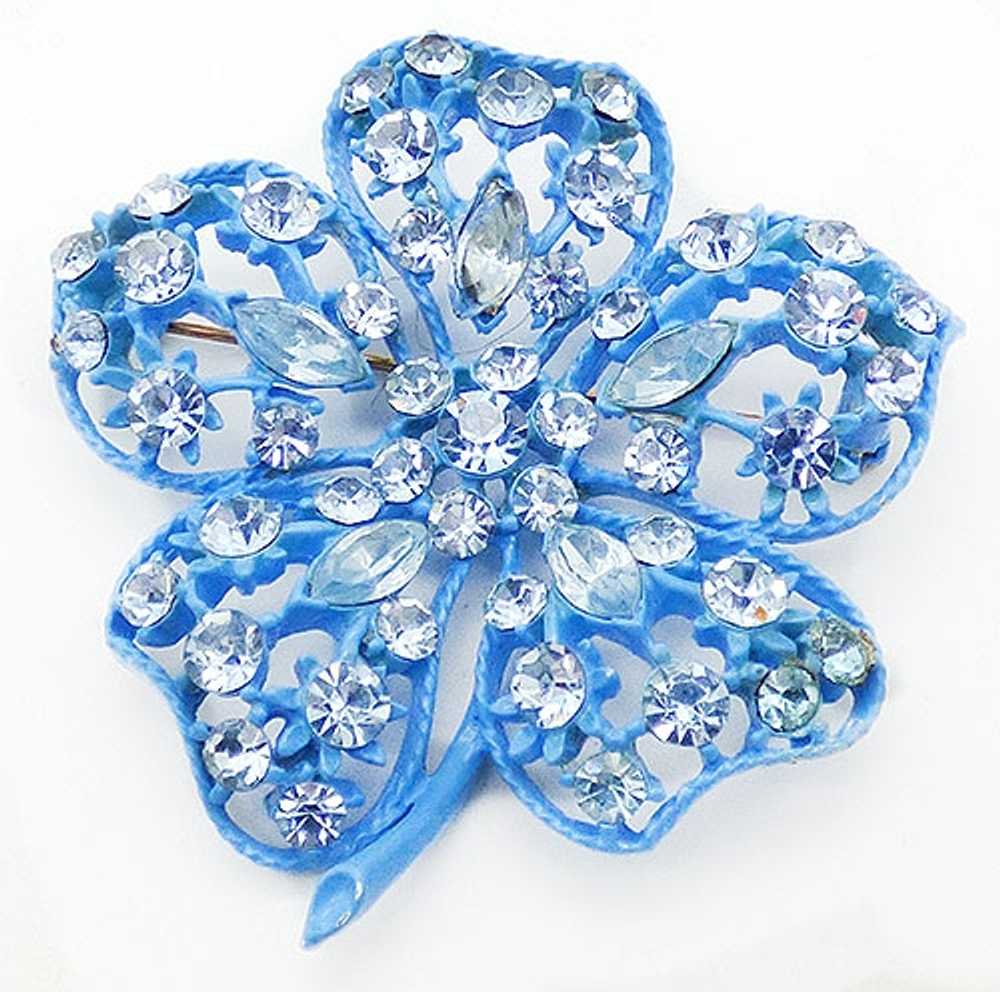 Blue Japanned Rhinestone Flower Brooch - image 1