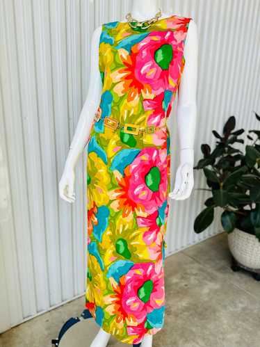 1960s Vibrant Hawaiian Floral Sleeveless Column Ma