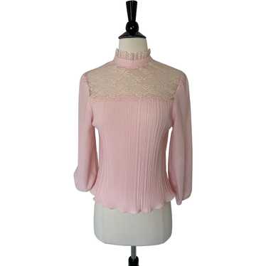 Vintage 1970s Pink Pleated High Collar Blouse - image 1