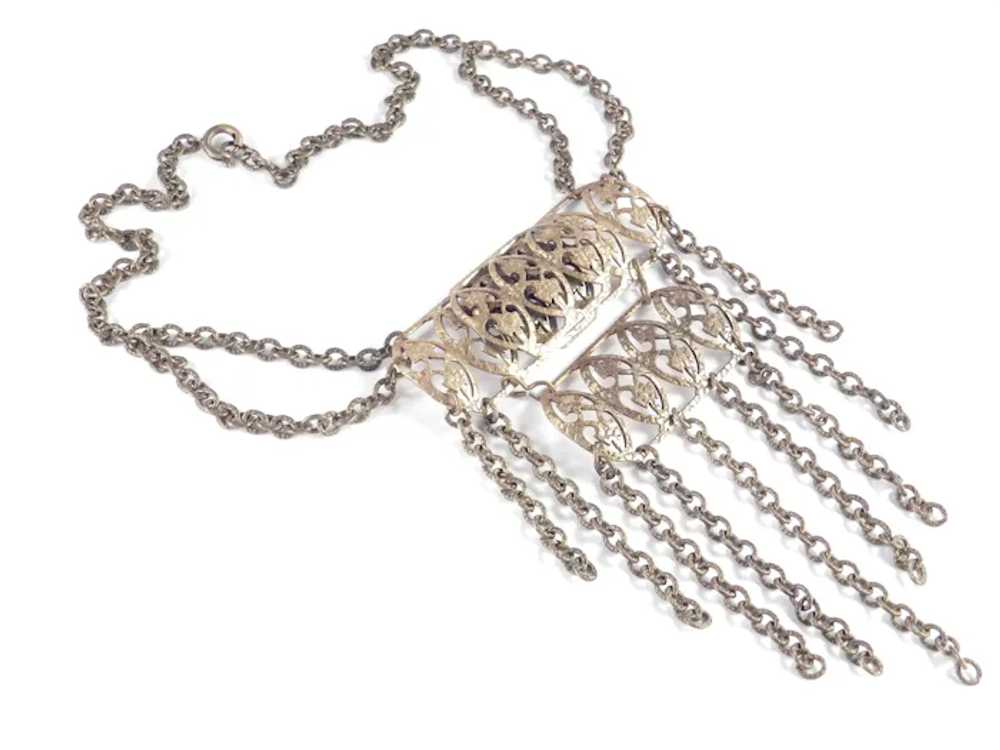 Brass Panel Bib Necklace Chain Swag Fringe - image 2