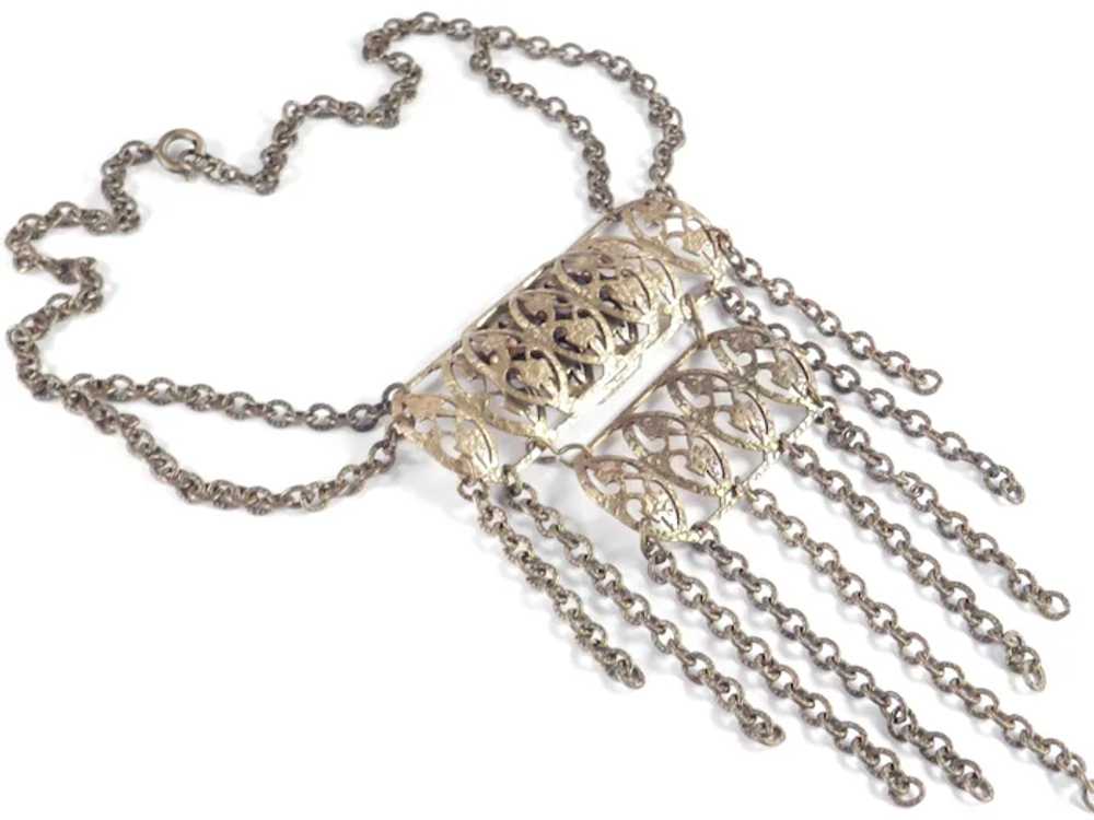 Brass Panel Bib Necklace Chain Swag Fringe - image 3