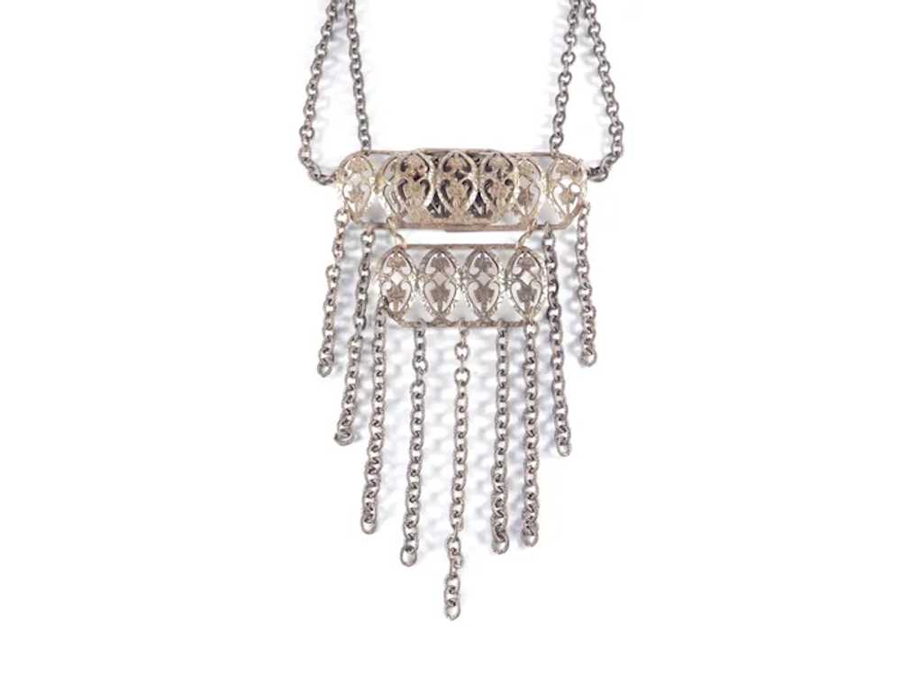 Brass Panel Bib Necklace Chain Swag Fringe - image 4