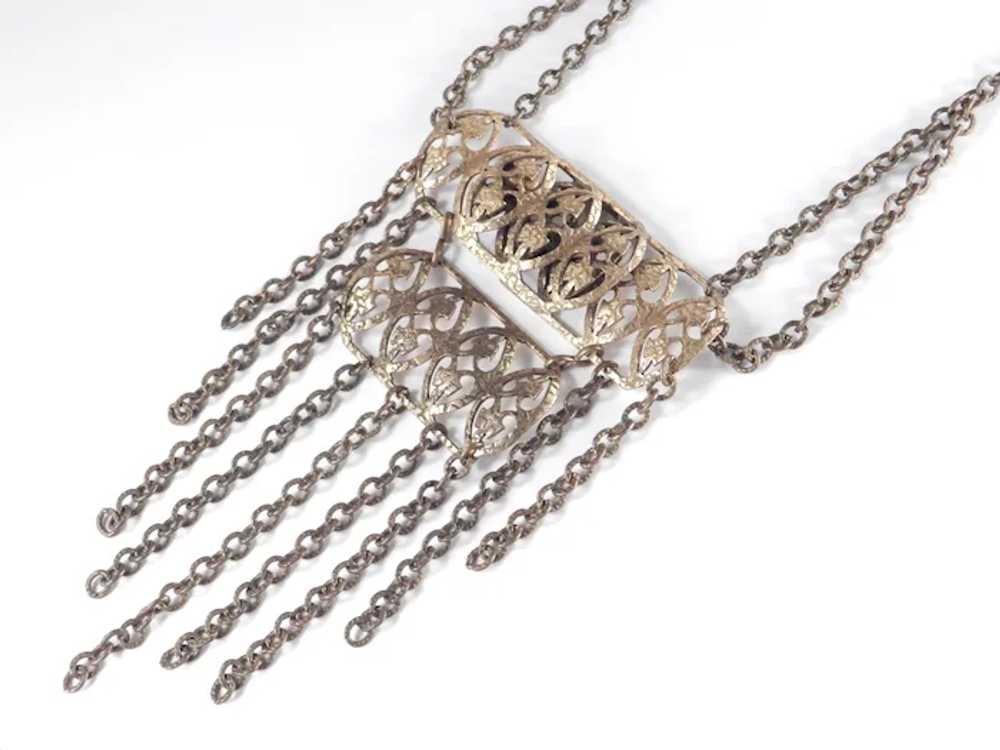 Brass Panel Bib Necklace Chain Swag Fringe - image 5