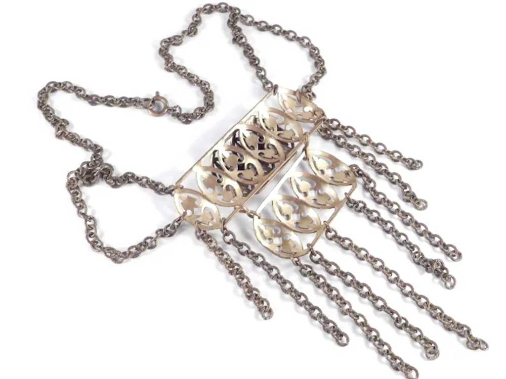 Brass Panel Bib Necklace Chain Swag Fringe - image 6