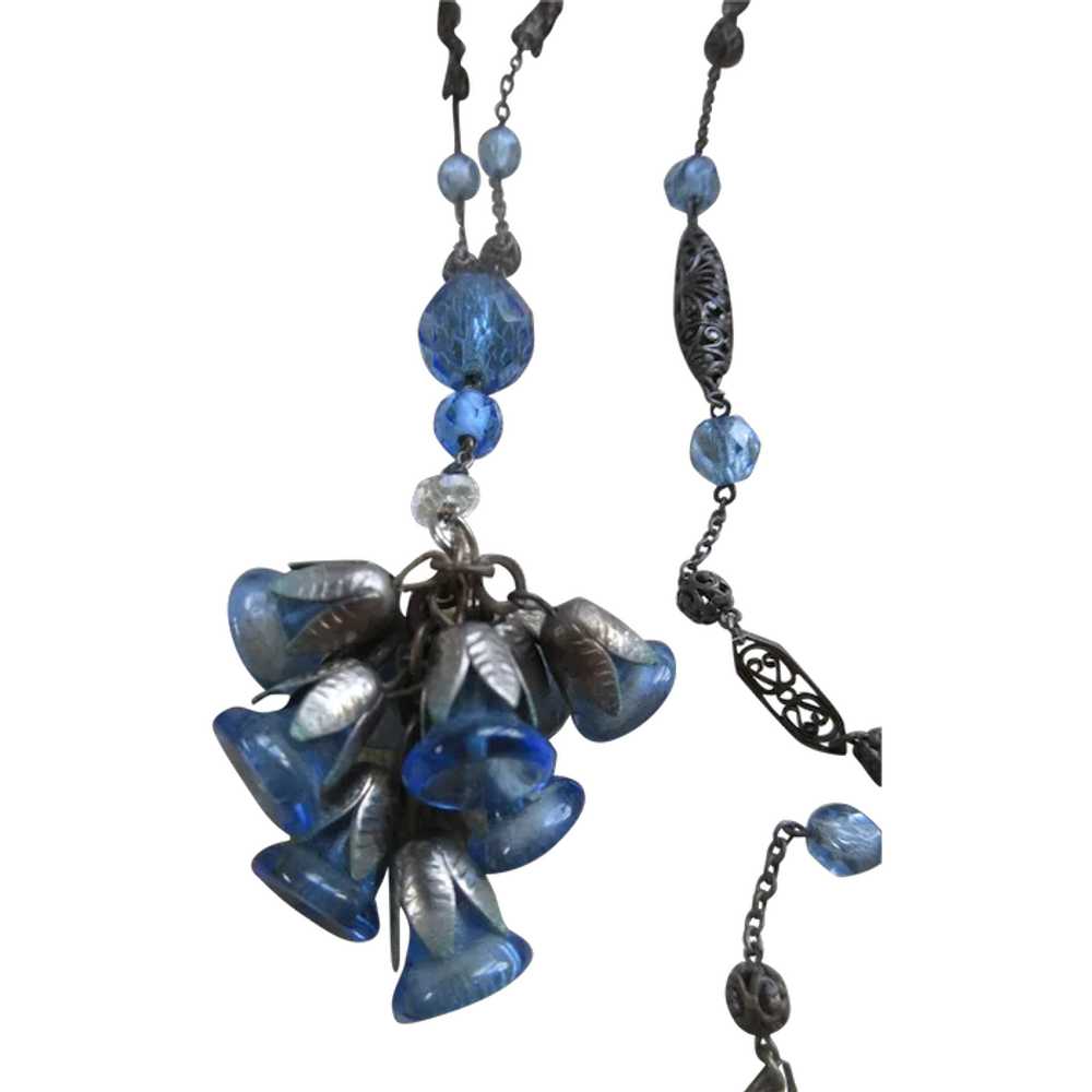 Vintage Deco Long Drop Blue Bells Crystal Necklac… - image 1