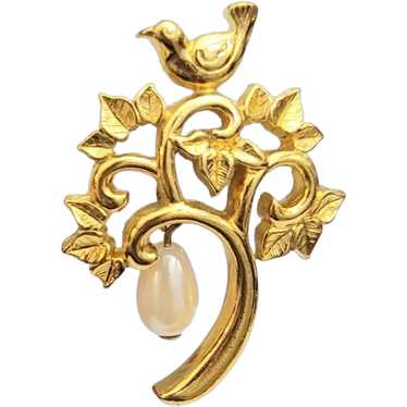 Gold Tone Bird Partridge Pear Tree Faux Pearl Dan… - image 1