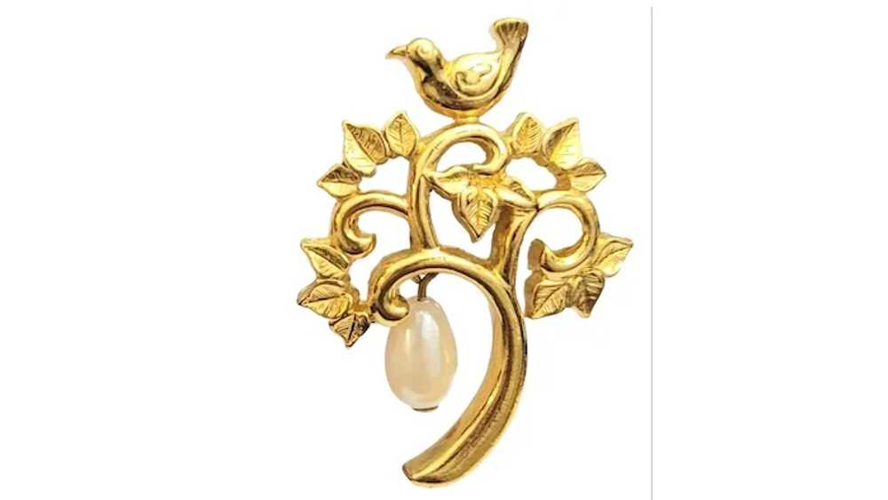 Gold Tone Bird Partridge Pear Tree Faux Pearl Dan… - image 2