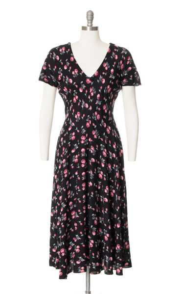 1980s Black Floral Bias Cut Rayon Midi Dress | sm… - image 1
