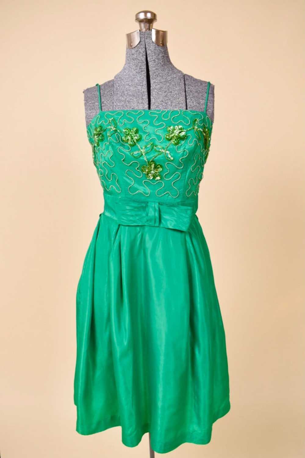 Green 60s Party Dress with Sequin Flowers, XS - image 1