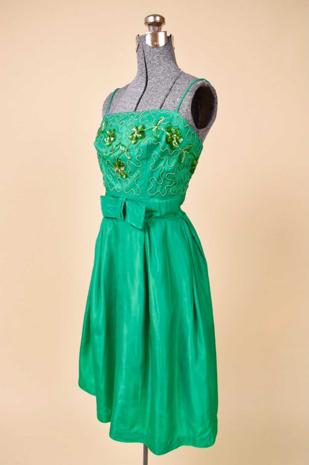 Green 60s Party Dress with Sequin Flowers, XS - image 2