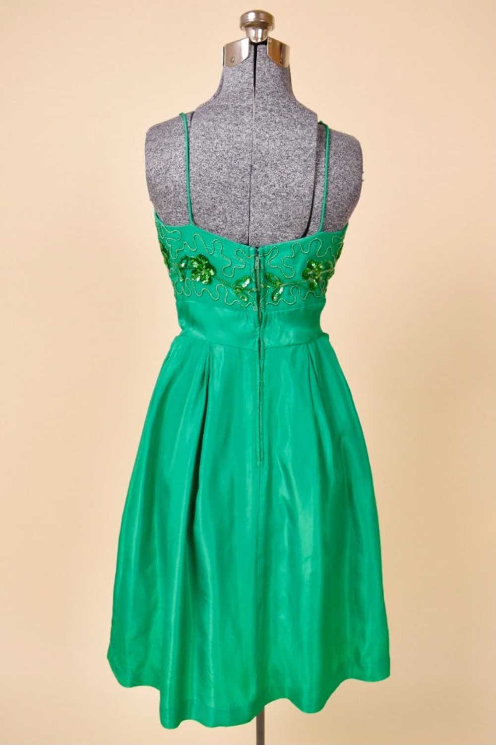 Green 60s Party Dress with Sequin Flowers, XS - image 3
