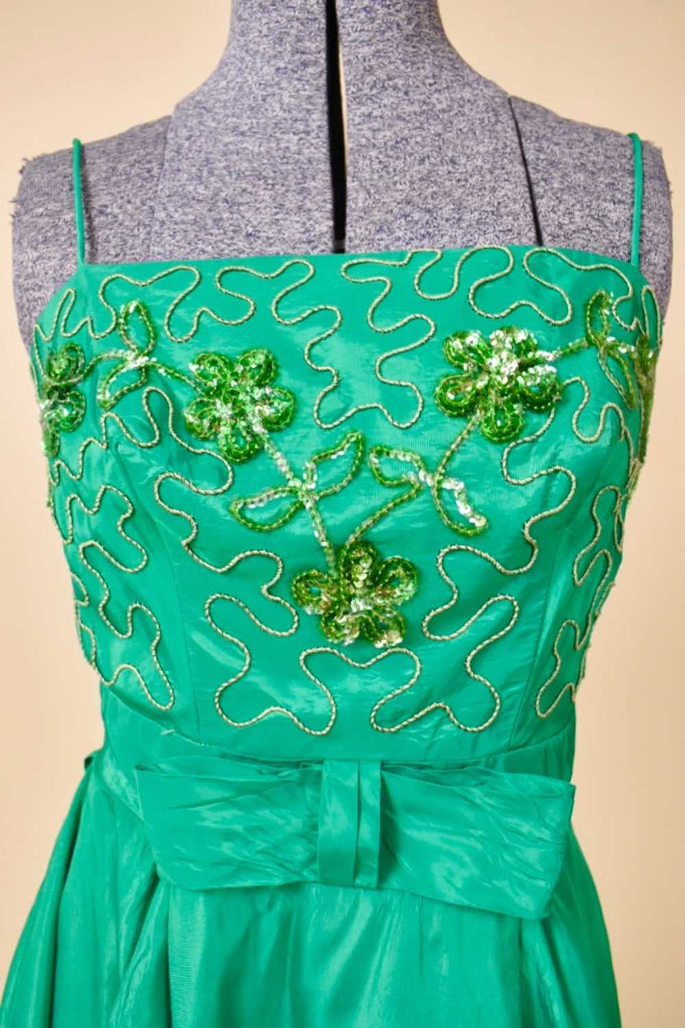 Green 60s Party Dress with Sequin Flowers, XS - image 4