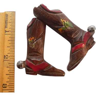 Vintage Cowboy Boots Pin Brooch Carved Wood Wooden