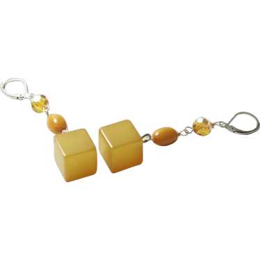 Bakelite Cube Earrings Handmade  Yellow Swarovski 