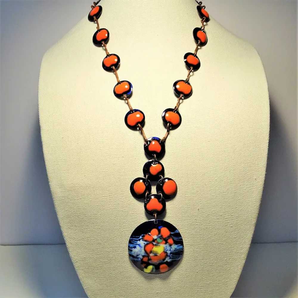 Vintage Enamel Copper Necklace Bold Disc Links Pe… - image 2