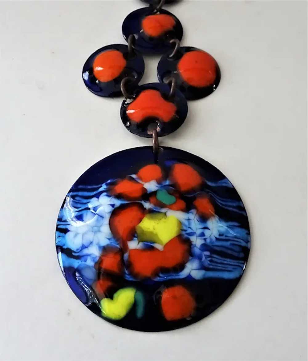 Vintage Enamel Copper Necklace Bold Disc Links Pe… - image 3