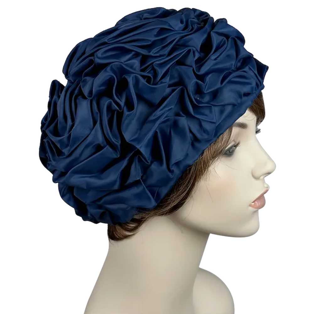 70s Navy Blue Ruched Turban, Sz L - image 1