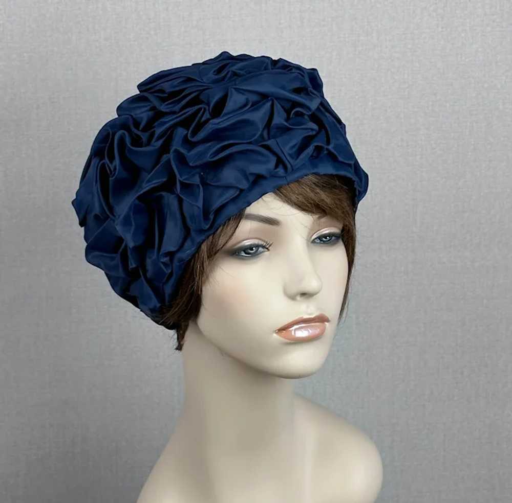 70s Navy Blue Ruched Turban, Sz L - image 2