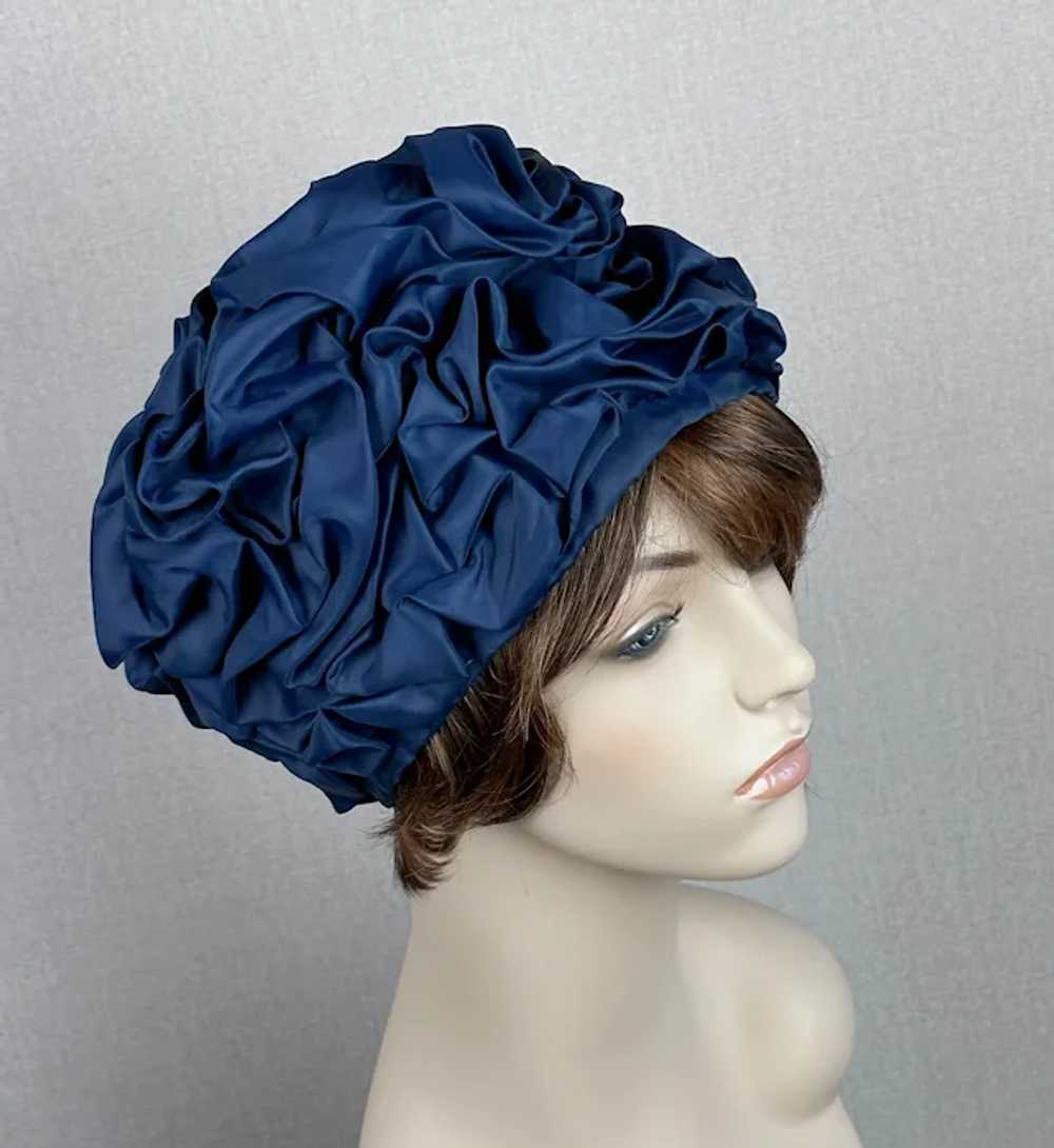70s Navy Blue Ruched Turban, Sz L - image 3