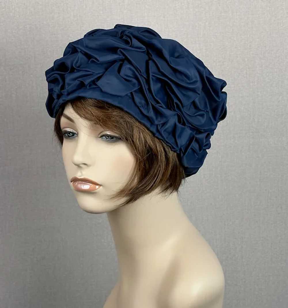 70s Navy Blue Ruched Turban, Sz L - image 6