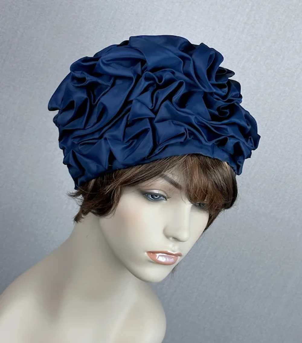 70s Navy Blue Ruched Turban, Sz L - image 7