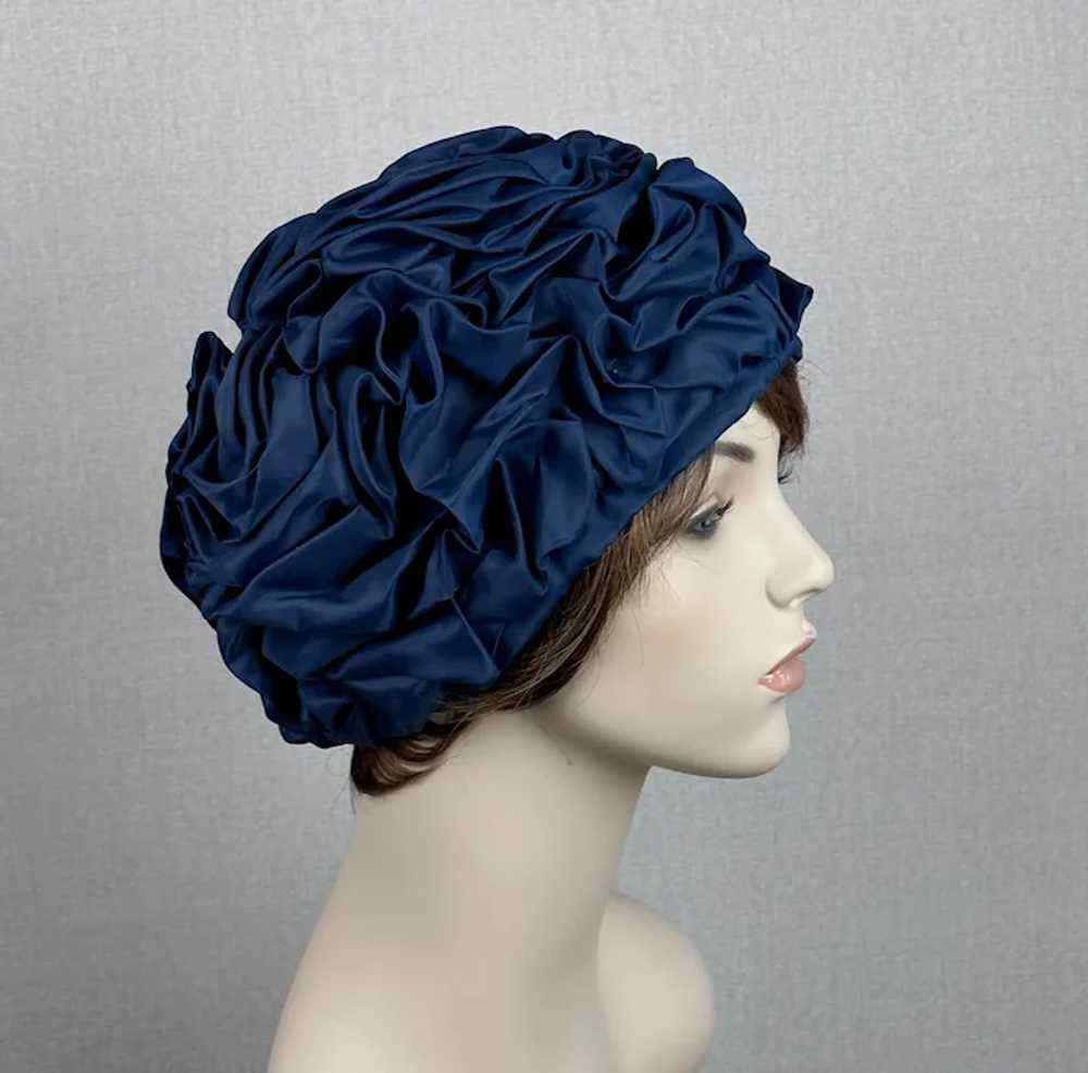 70s Navy Blue Ruched Turban, Sz L - image 8
