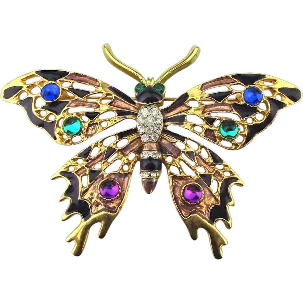 Vintage Rhinestone Enamel Butterfly Pin Brooch - image 1