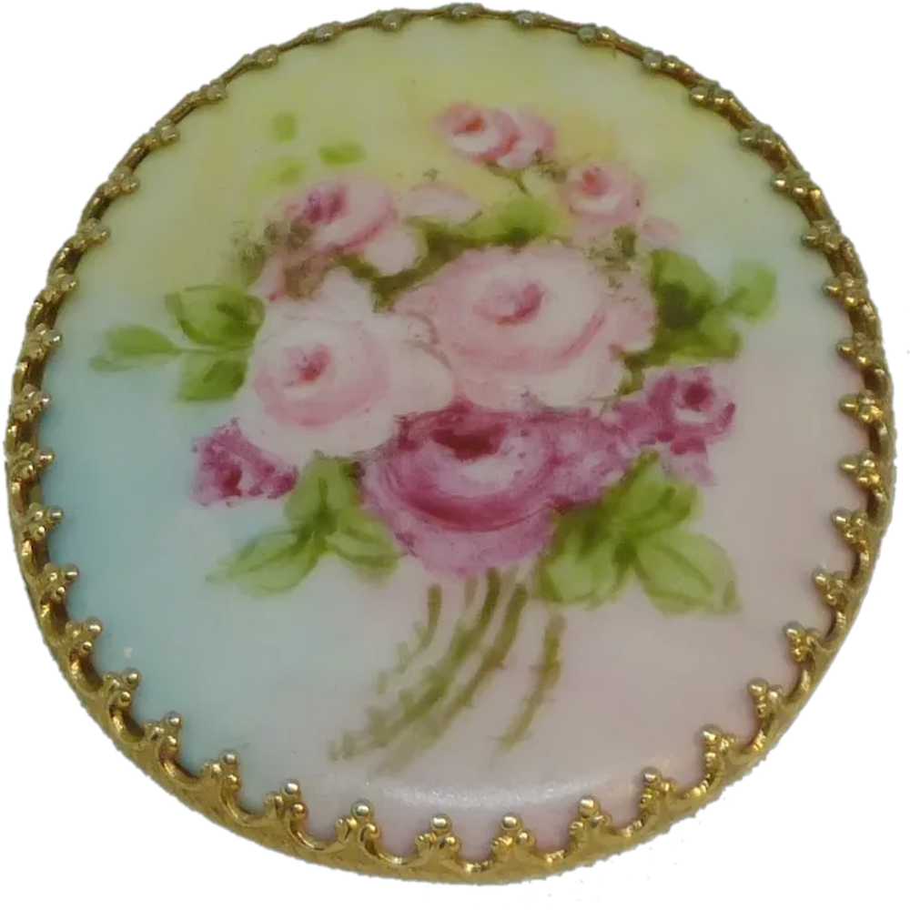 Porcelain Hand Painted Flower Gold Plate Pin - image 1