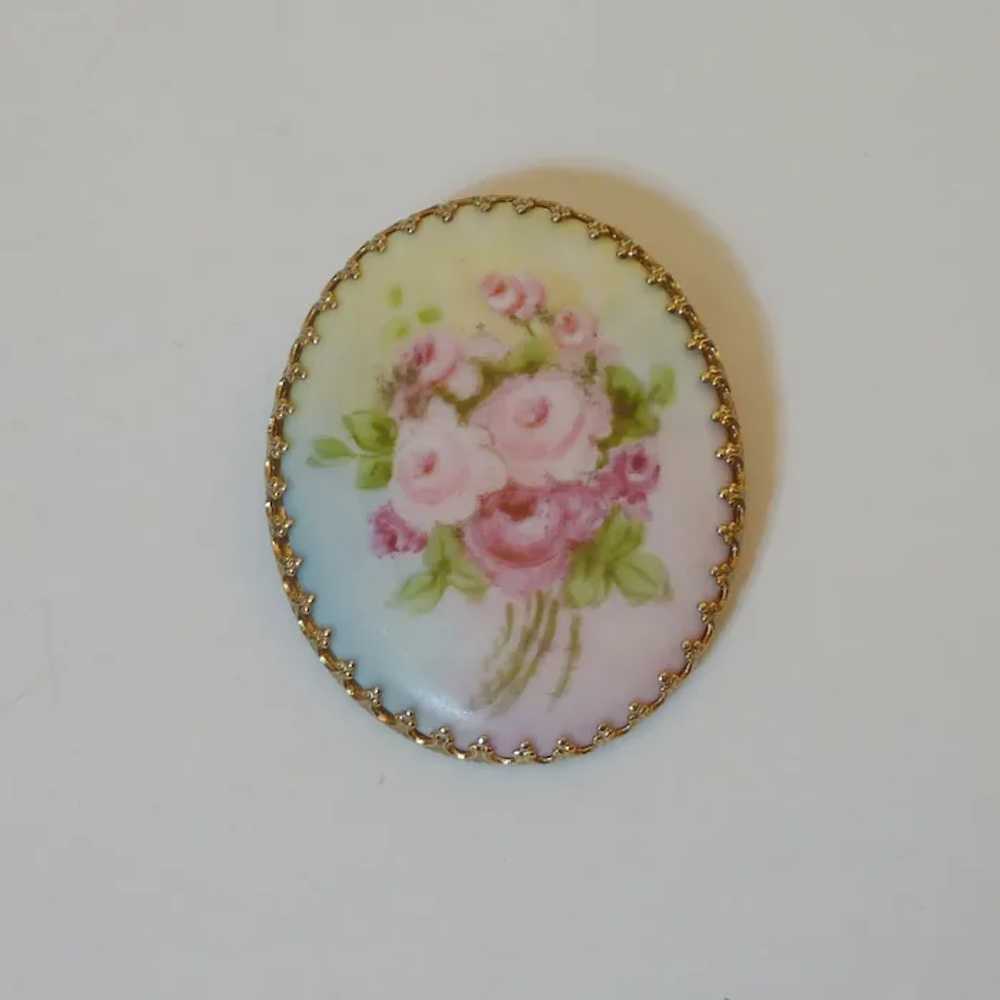 Porcelain Hand Painted Flower Gold Plate Pin - image 4
