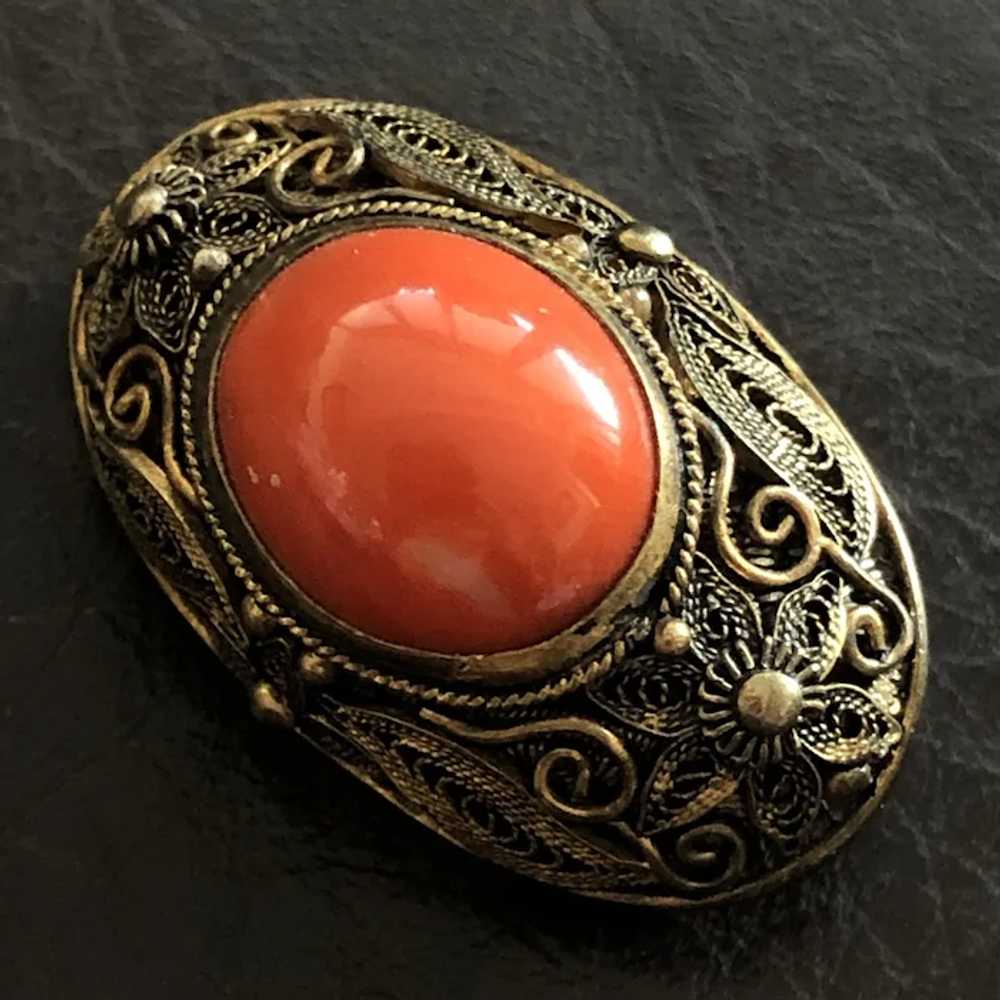 Antique Chinese Gild Sterling Silver Filigree Red… - image 2