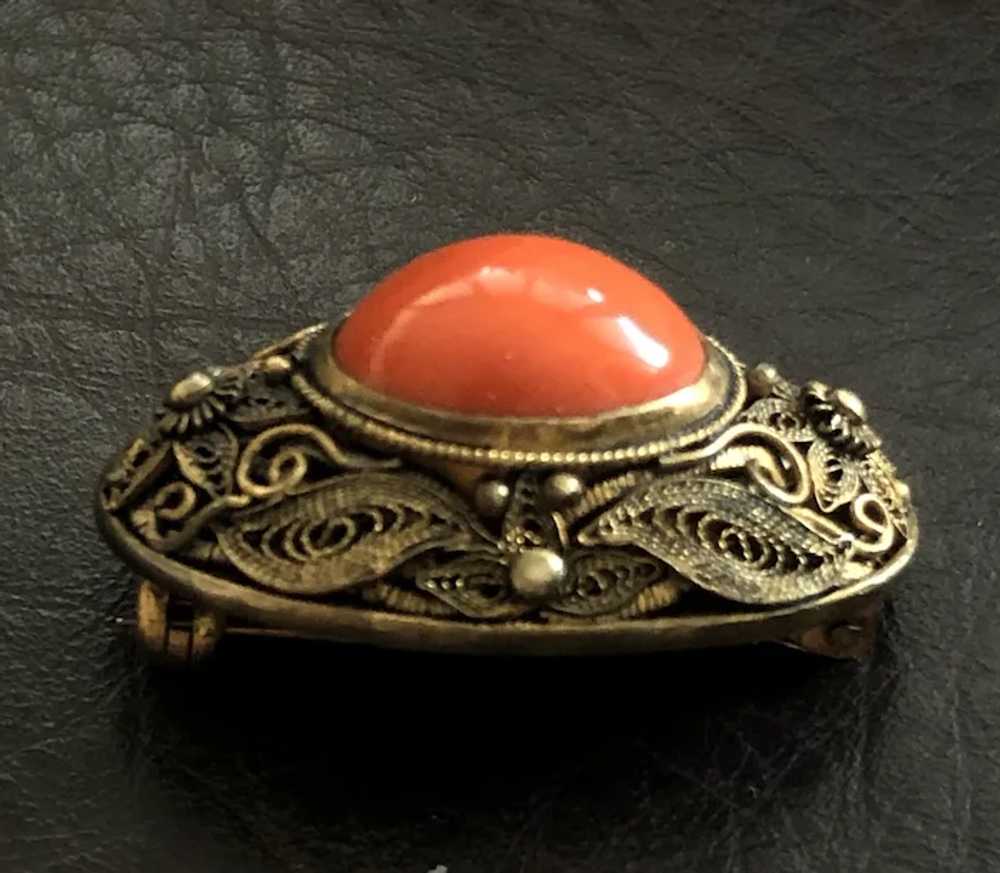 Antique Chinese Gild Sterling Silver Filigree Red… - image 3